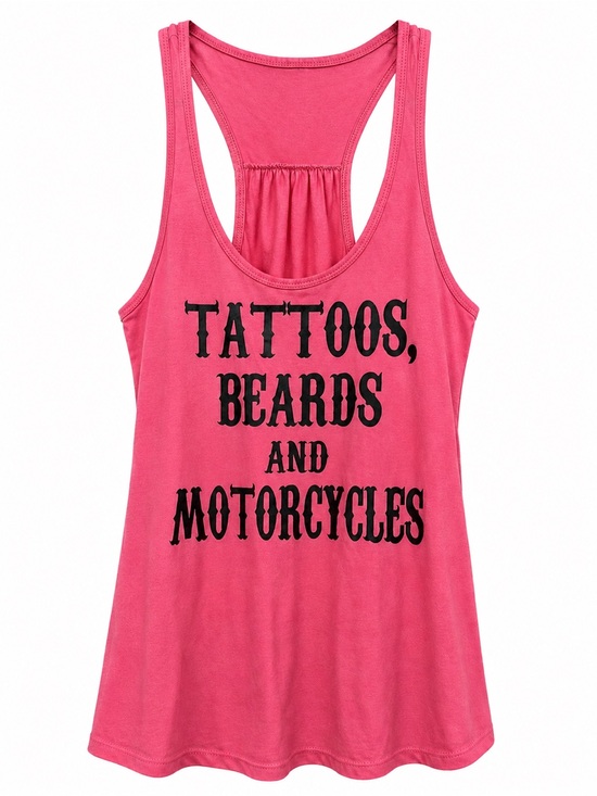Tops - Women's Pink Graphic Racerback Tank Top - Tattoos, Beards and Motorcycles